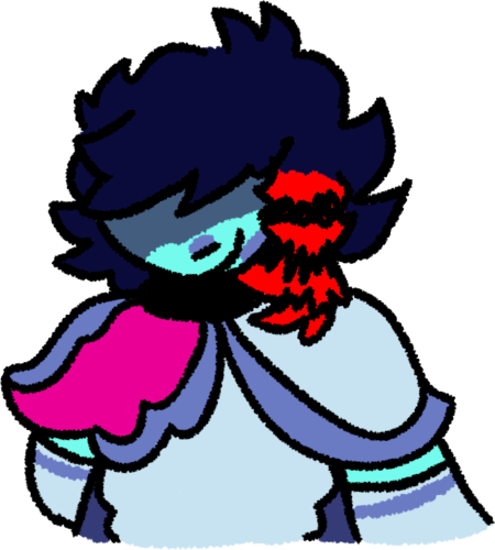 A chest-up drawing of the character Kris from Deltarune as they appear in the dark worlds. Kris is an androgynous human with cyan skin and shaggy, chin-length navy blue hair with bangs that cover a large portion of their face, and a piece in the front with red “raccoon tail” stripes. Their face is downturned and partially obscured in shadow, with their only visible features being their nose and smiling mouth. They wear a suit of silver and periwinkle knight-esque armor and have a pink cape draped over their right shoulder.